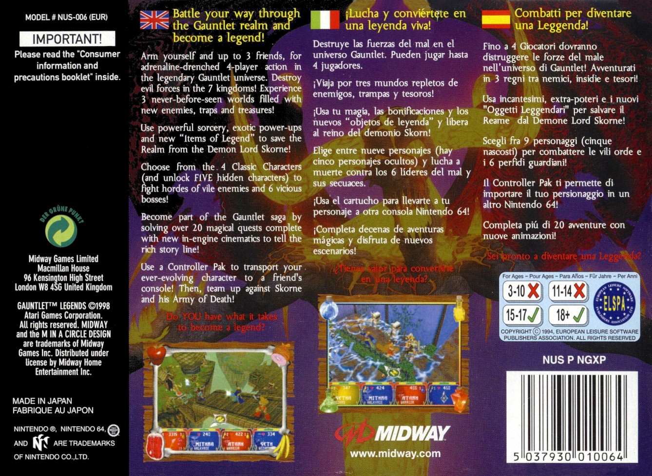 Back boxart of the game Gauntlet Legends (Europe) on Nintendo 64