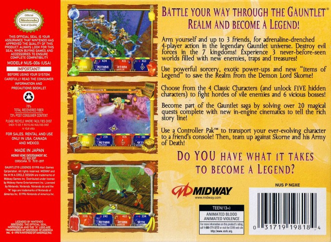 Back boxart of the game Gauntlet Legends (United States) on Nintendo 64