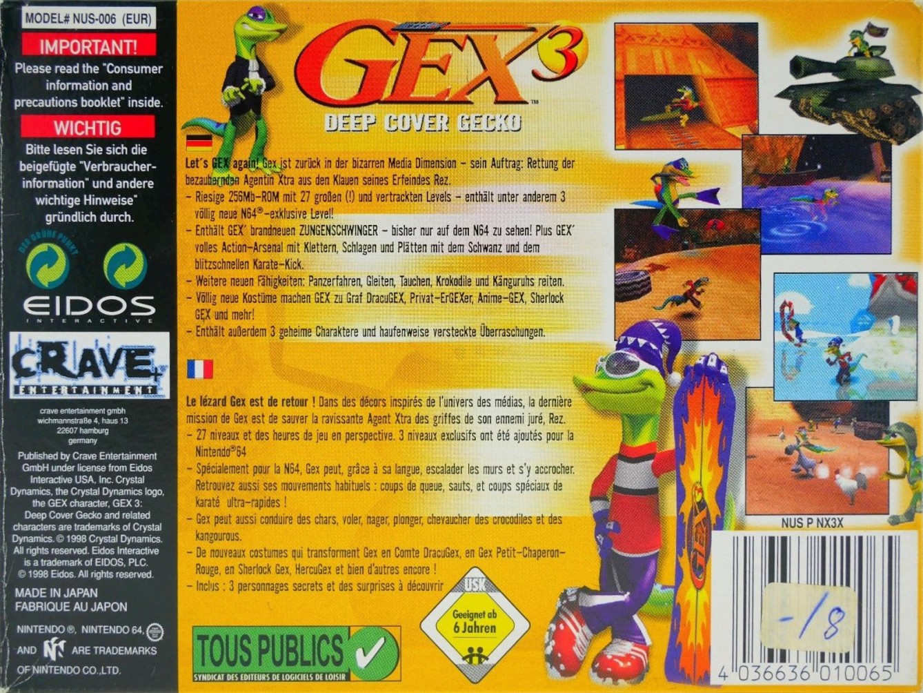 Back boxart of the game Gex 3 - Deep Cover Gecko (Europe) on Nintendo 64