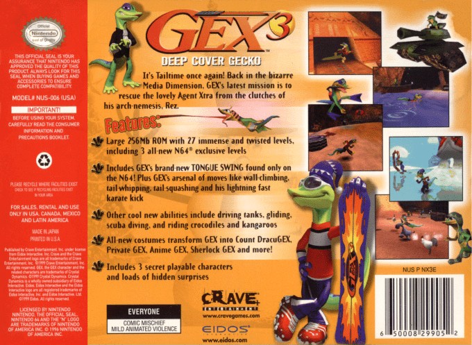 Back boxart of the game Gex 3 - Deep Cover Gecko (United States) on Nintendo 64