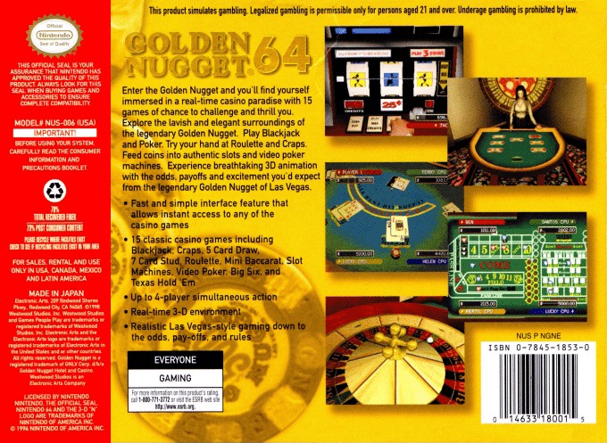 Back boxart of the game Golden Nugget 64 (United States) on Nintendo 64