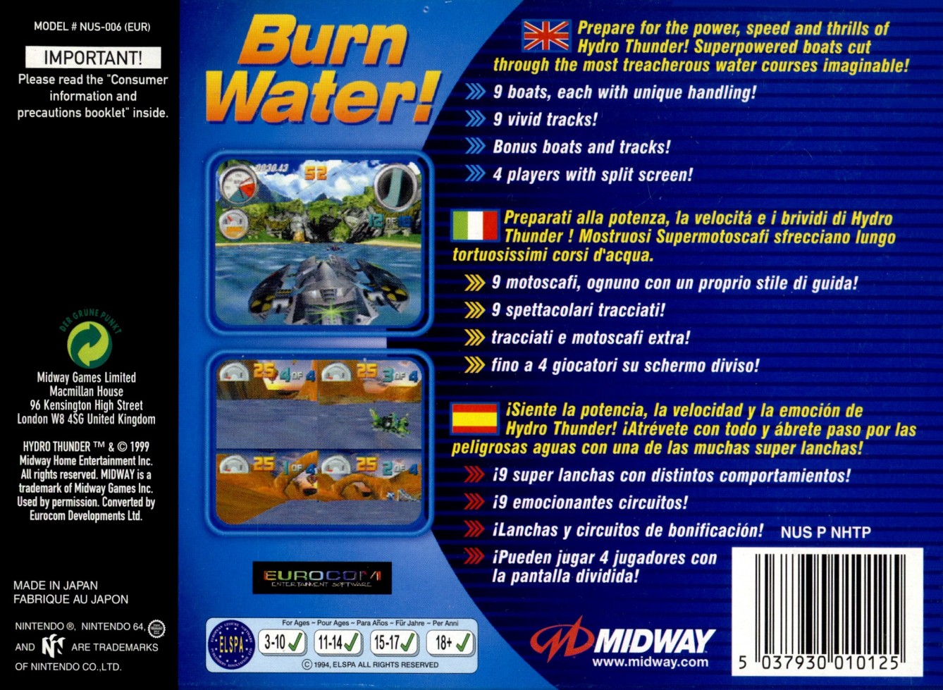 Back boxart of the game Hydro Thunder (Europe) on Nintendo 64