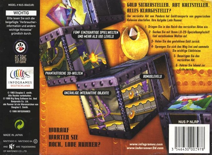 Back boxart of the game Lode Runner 3-D (Europe) on Nintendo 64