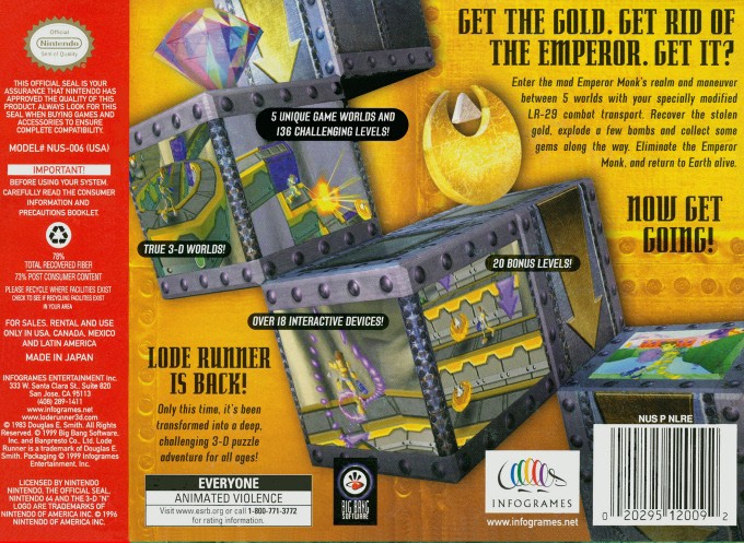 Back boxart of the game Lode Runner 3-D (United States) on Nintendo 64