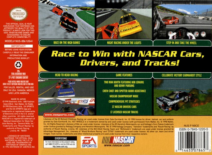 Back boxart of the game NASCAR 99 (United States) on Nintendo 64