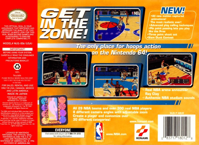 Back boxart of the game NBA In The Zone '99 (United States) on Nintendo 64