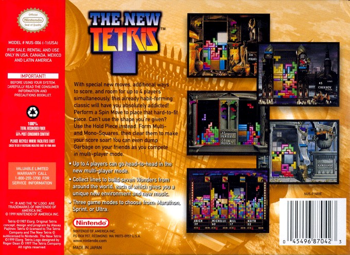 Back boxart of the game New Tetris, The (United States) on Nintendo 64