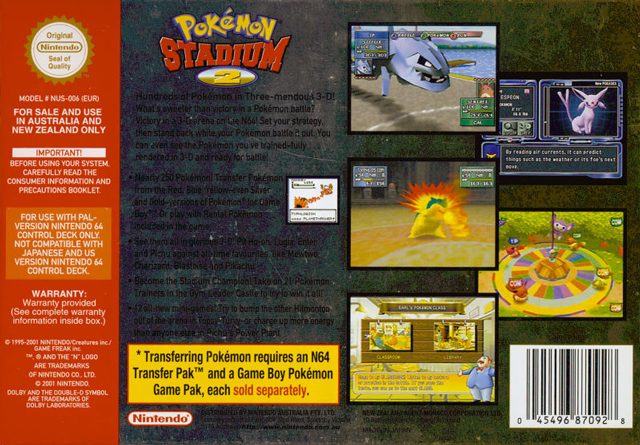 Back boxart of the game Pokemon Stadium 2 (Australia) on Nintendo 64