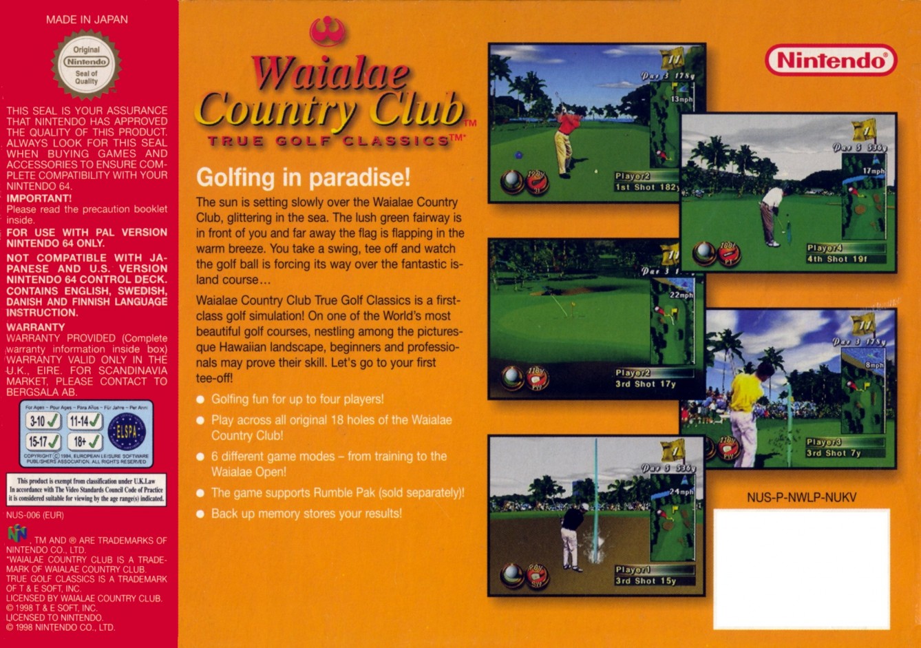 Back boxart of the game Waialae Country Club - True Golf Classics (Europe) on Nintendo 64