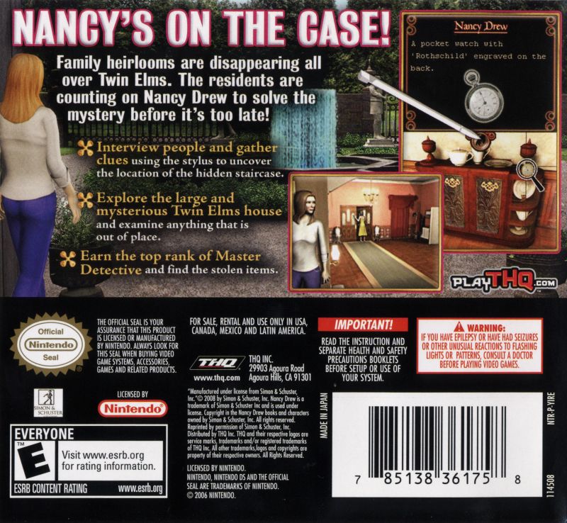 Back boxart of the game Nancy Drew - The Hidden Staircase (United States) on Nintendo DS
