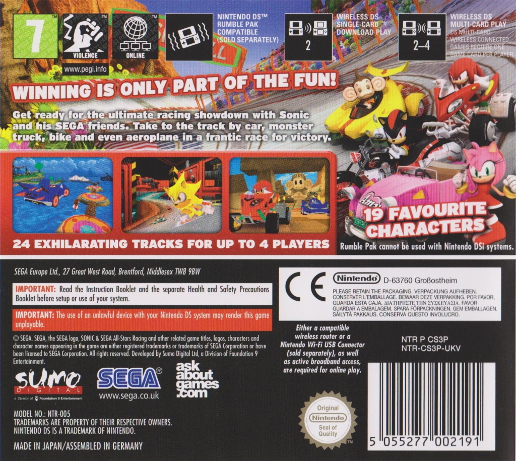 Back boxart of the game Sonic & Sega All-Stars Racing (Europe) on Nintendo DS