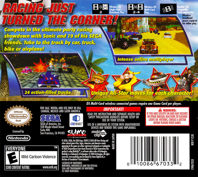 Back boxart of the game Sonic & Sega All-Stars Racing (United States) on Nintendo DS