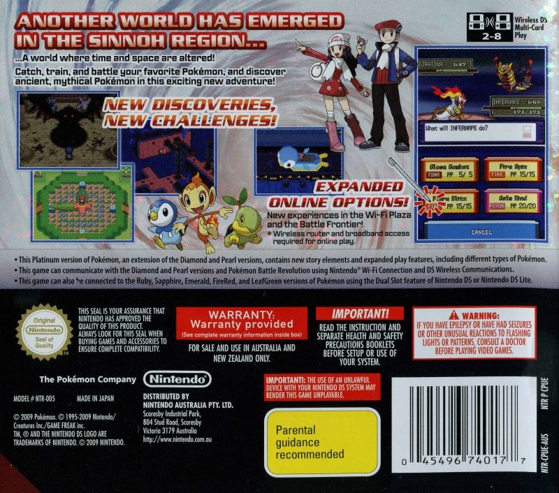 Back boxart of the game Pokemon Platinum Version (Australia) on Nintendo DS