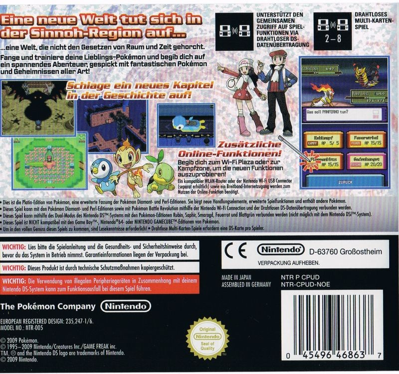 Back boxart of the game Pokemon Platinum Version (Germany) on Nintendo DS