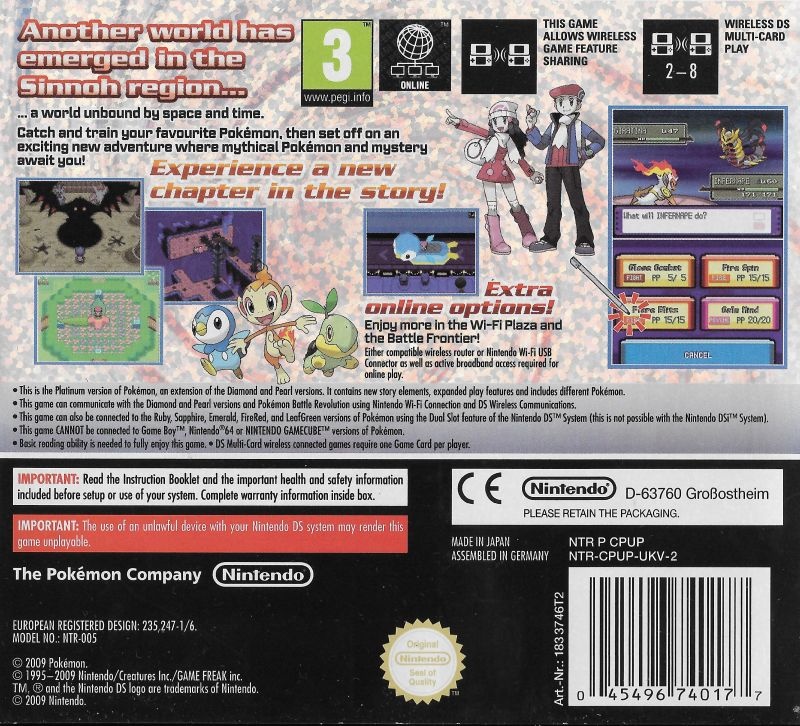 Back boxart of the game Pokemon Platinum Version (Europe) on Nintendo DS