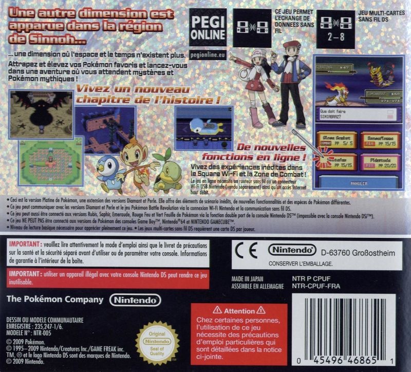 Back boxart of the game Pokemon Platinum Version (France) on Nintendo DS