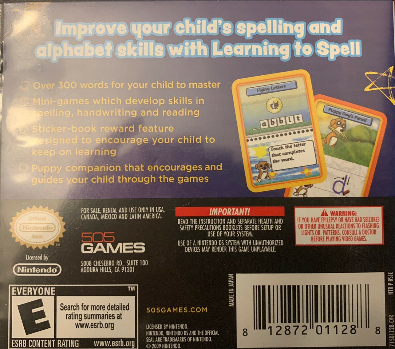 Back boxart of the game Learning To Spell (United States) on Nintendo DS