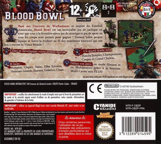 Back boxart of the game Blood Bowl (Europe) on Nintendo DS