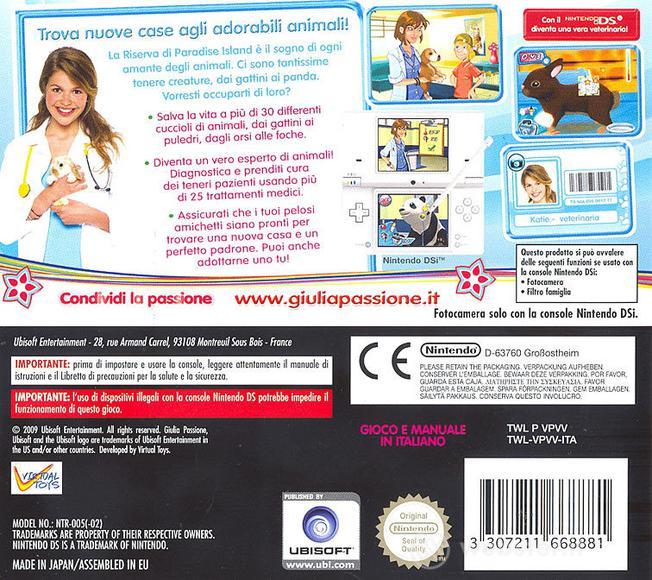 Back boxart of the game Giulia Passione - Protezione Animali (Italy) on Nintendo DS