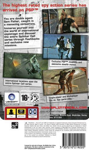 Back boxart of the game Tom Clancy's Splinter Cell Essentials (Europe) on Sony PSP