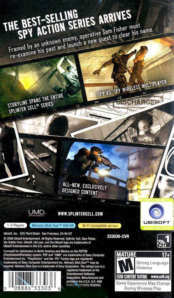 Back boxart of the game Tom Clancy's Splinter Cell Essentials (United States) on Sony PSP