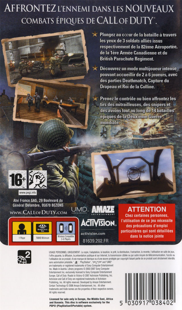 Back boxart of the game Call of Duty - Les Chemins de la Victoire (France) on Sony PSP