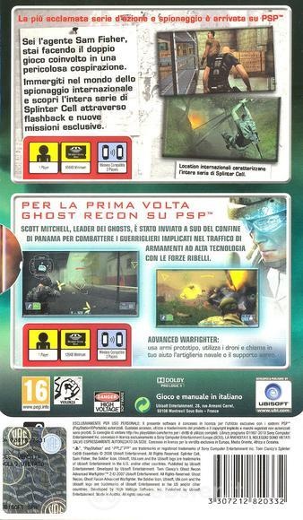 Back boxart of the game Action Pack - Tom Clancy's Splinter Cell - Essentials + Tom Clancy's Ghost Recon - Advanced Warfighter 2 (Italy) on Sony PSP
