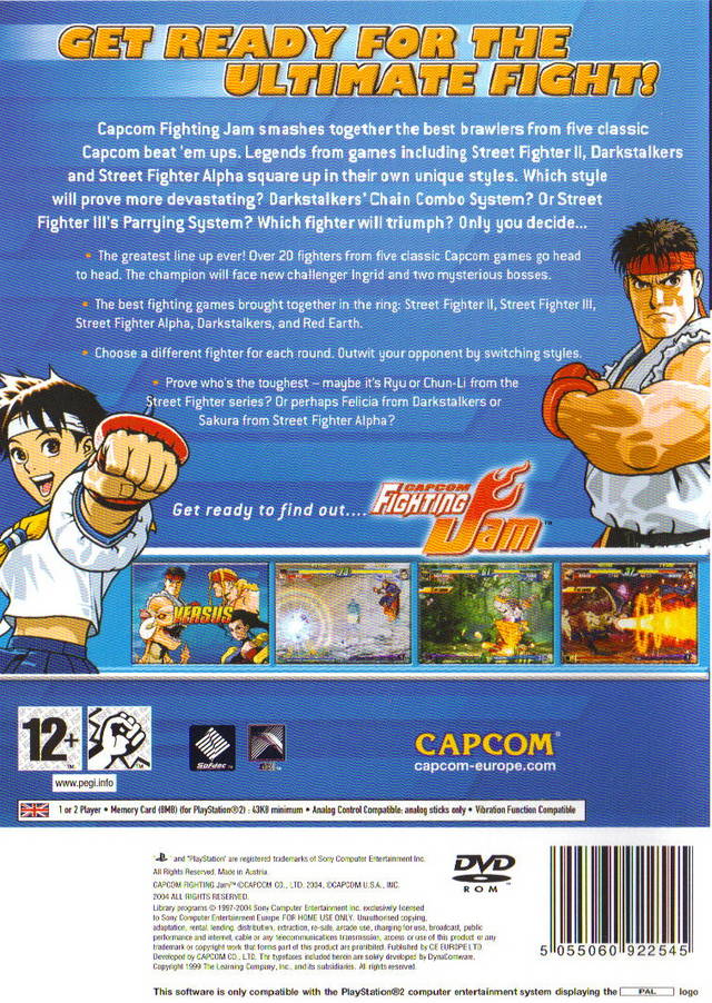 Back boxart of the game Capcom Fighting Jam (Europe) on Sony Playstation 2
