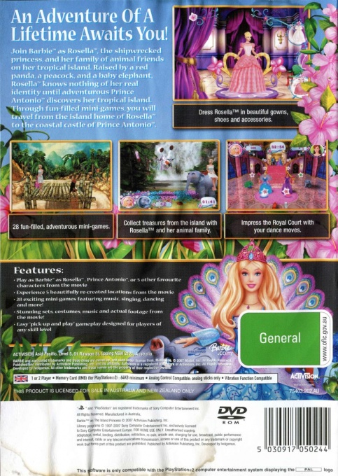 Back boxart of the game Barbie as The Island Princess (Australia) on Sony Playstation 2