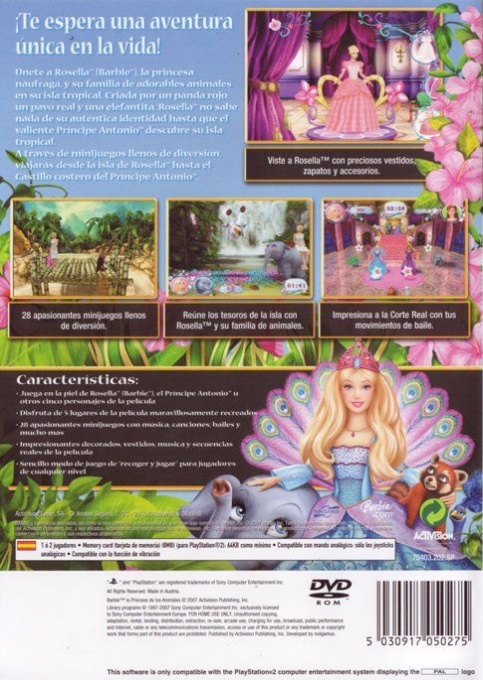 Back boxart of the game Barbie as The Island Princess (Spain) on Sony Playstation 2
