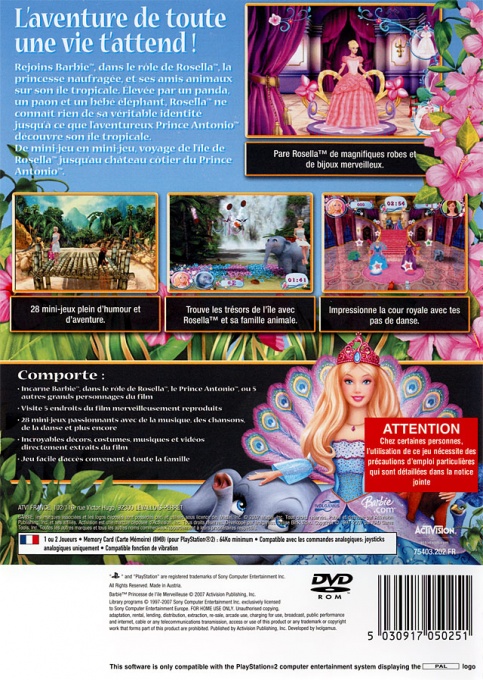 Back boxart of the game Barbie as The Island Princess (France) on Sony Playstation 2
