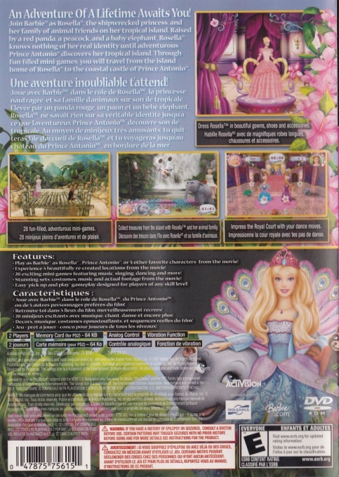 Back boxart of the game Barbie as The Island Princess (United States) on Sony Playstation 2