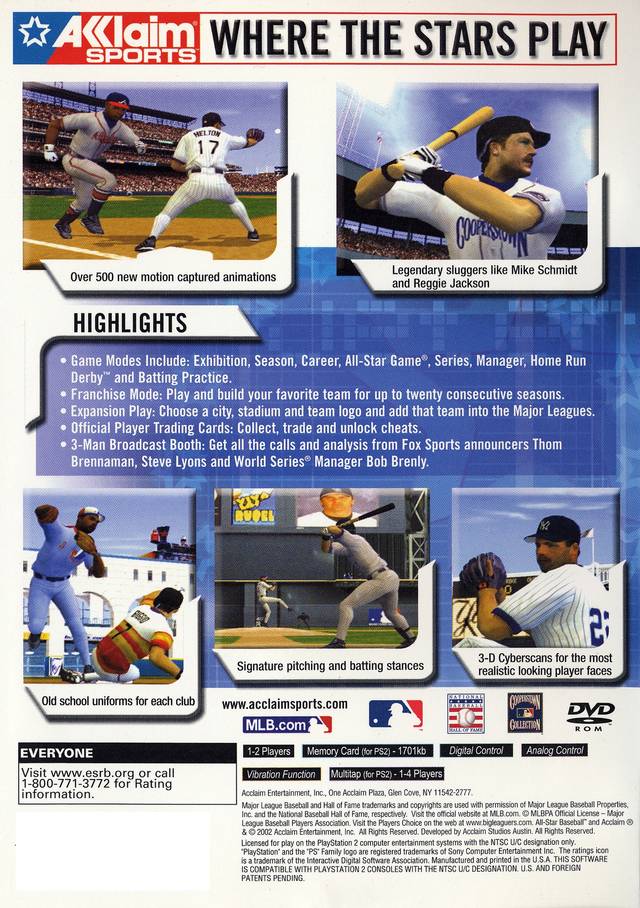 Back boxart of the game All-Star Baseball 2003 (United States) on Sony Playstation 2