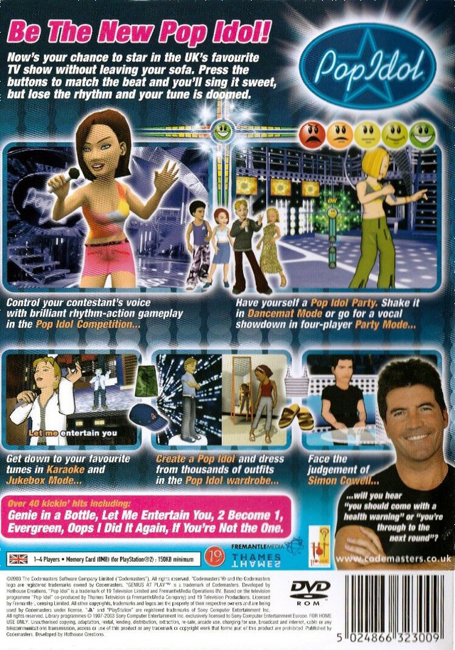 Back boxart of the game Pop Idol (Europe) on Sony Playstation 2