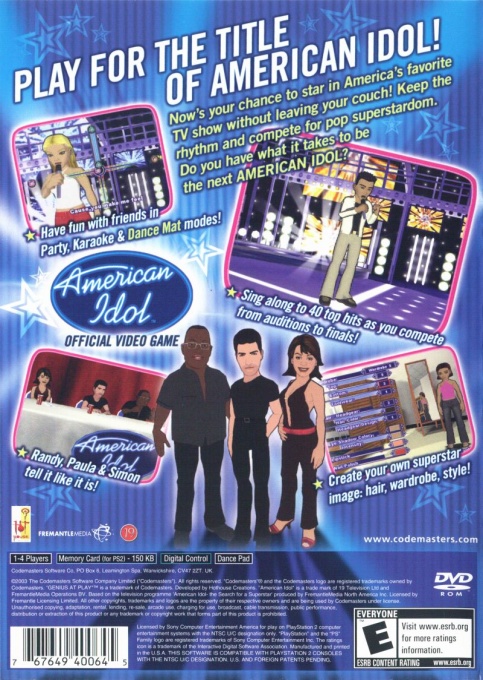 Back boxart of the game Pop Idol (United States) on Sony Playstation 2