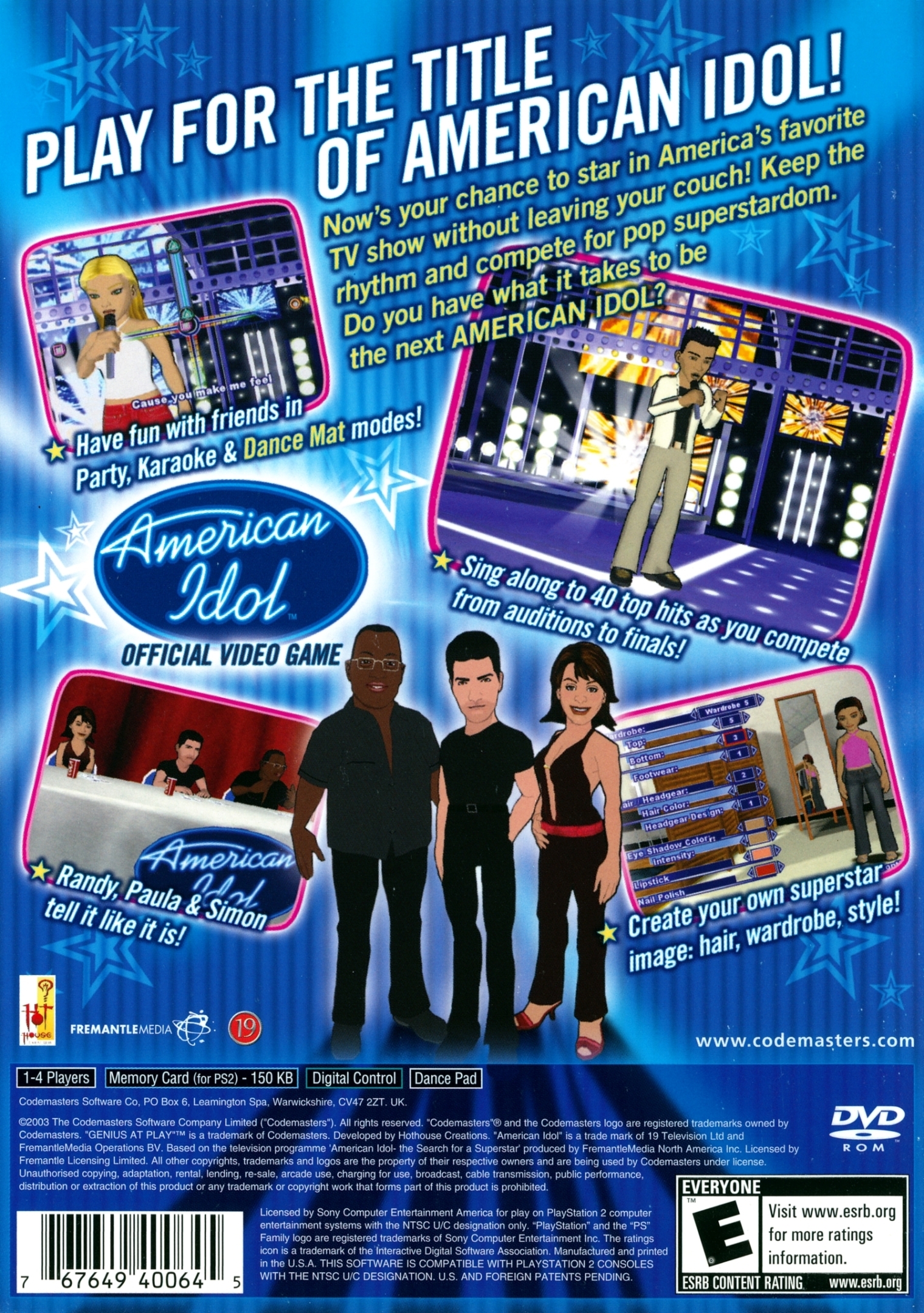 Back boxart of the game American Idol (United States) on Sony Playstation 2