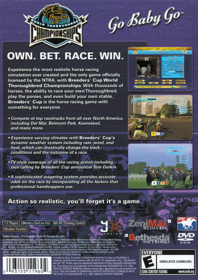 Back boxart of the game Breeders' Cup World Thoroughbred Championships (United States) on Sony Playstation 2