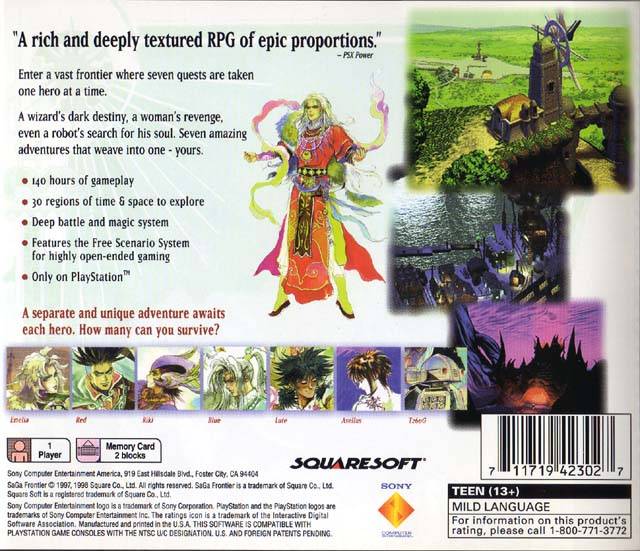Back boxart of the game SaGa Frontier (United States) on Sony Playstation