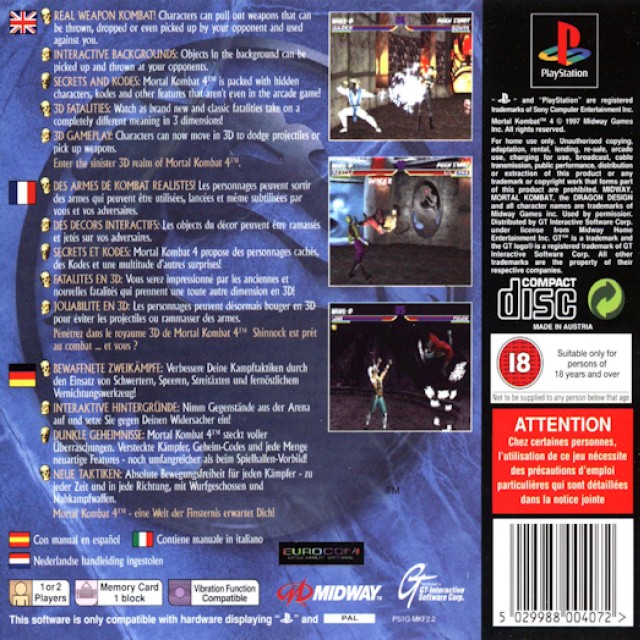 Back boxart of the game Mortal Kombat 4 (Europe) on Sony Playstation
