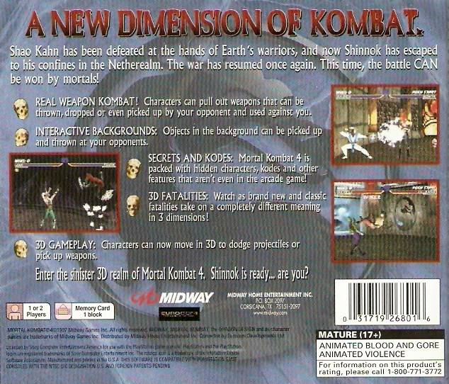 Back boxart of the game Mortal Kombat 4 (United States) on Sony Playstation