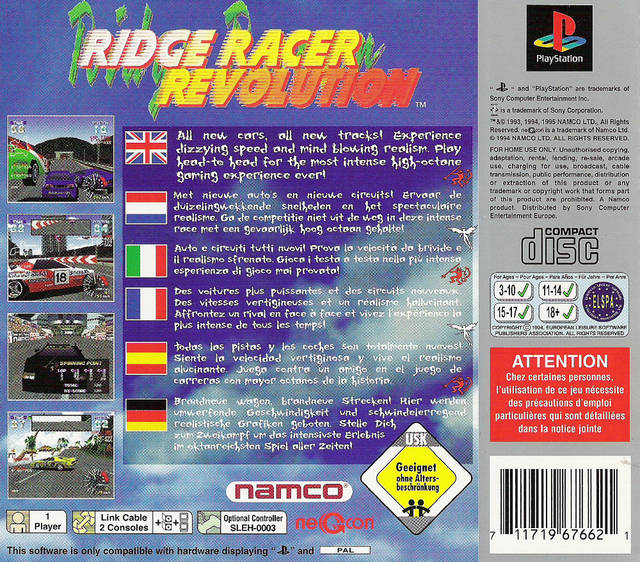 Back boxart of the game Ridge Racer Revolution (Europe) on Sony Playstation