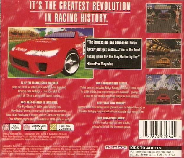 Back boxart of the game Ridge Racer Revolution (United States) on Sony Playstation