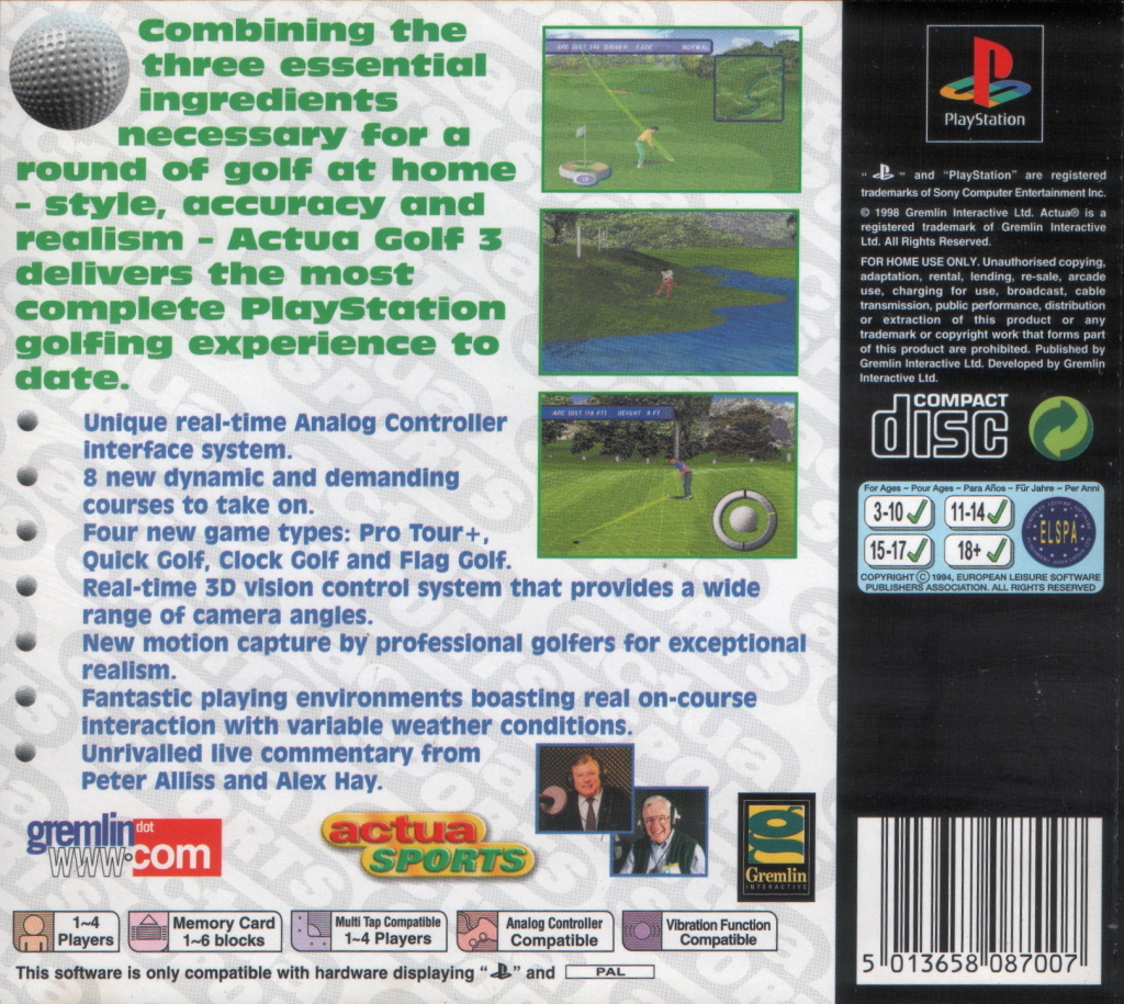 Back boxart of the game Actua Golf 3 (Europe) on Sony Playstation