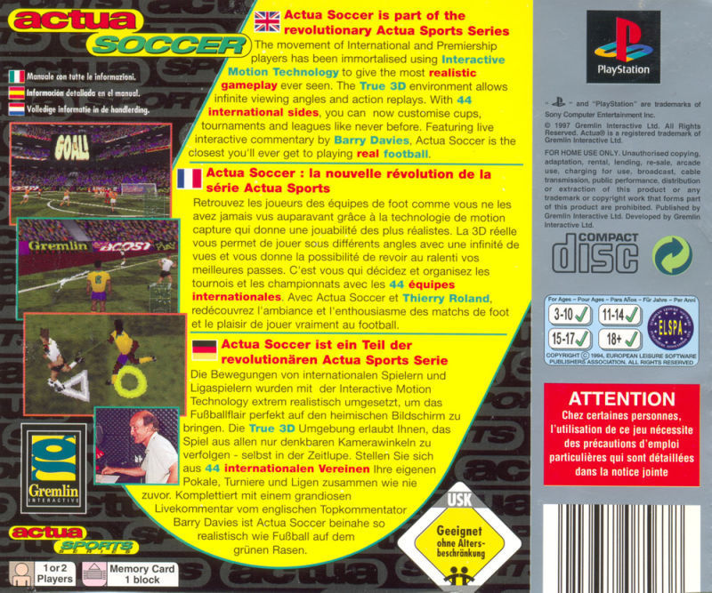 Back boxart of the game Actua Soccer (Europe) on Sony Playstation