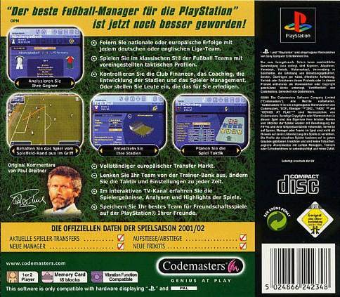 Back boxart of the game BDFL Manager 2002 (Europe) on Sony Playstation