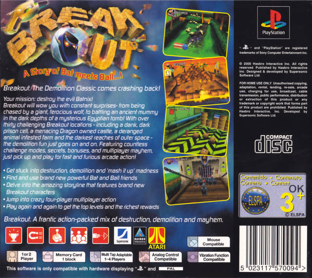 Back boxart of the game Breakout (Europe) on Sony Playstation