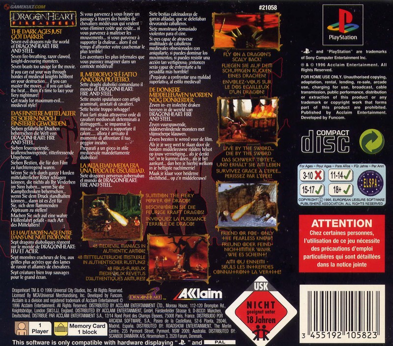 Back boxart of the game DragonHeart - Fire & Steel (Europe) on Sony Playstation