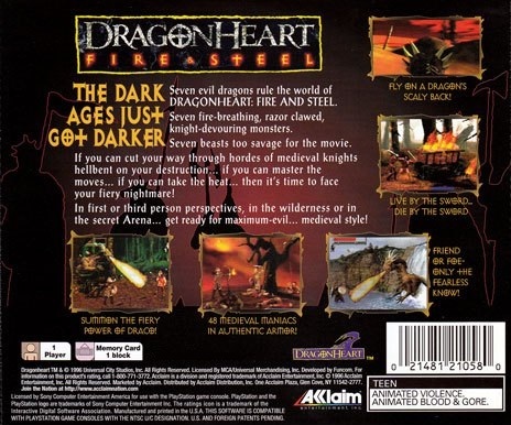 Back boxart of the game DragonHeart - Fire & Steel (United States) on Sony Playstation