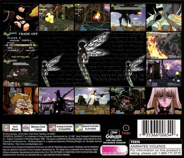 Back boxart of the game Elemental Gearbolt (United States) on Sony Playstation