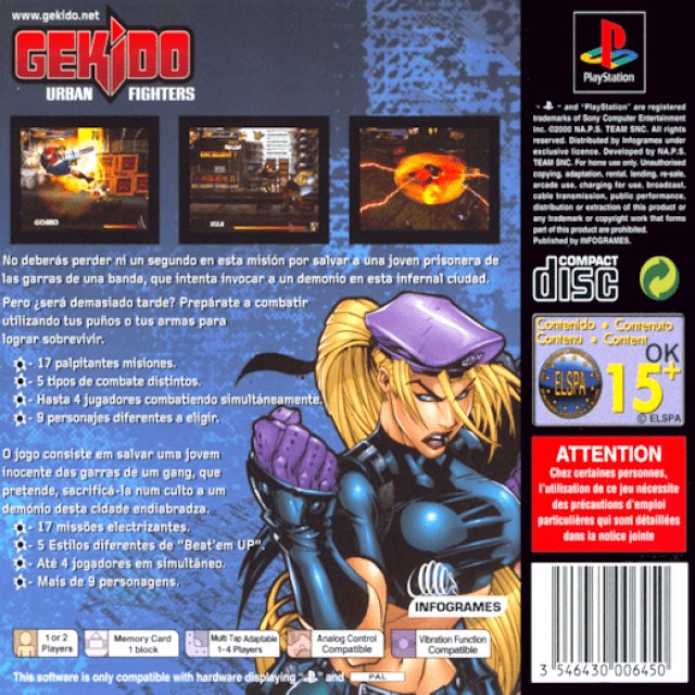 Back boxart of the game Gekido - Urban Fighters (Europe) on Sony Playstation